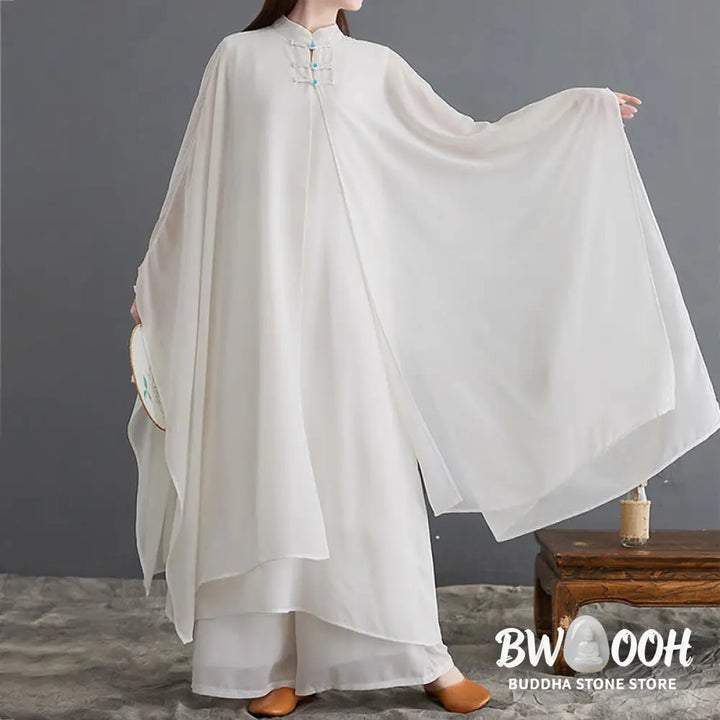 BWOOOH 2Pcs Frog-Button Long Sleeve Midi Dress Wide Leg Pants Chiffon Zen Women’s Set - Women’s Meditation Cloth