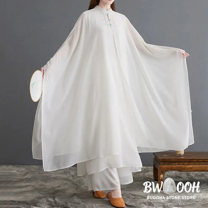 BWOOOH 2Pcs Frog-Button Long Sleeve Midi Dress Wide Leg Pants Chiffon Zen Women’s Set - Women’s Meditation Cloth