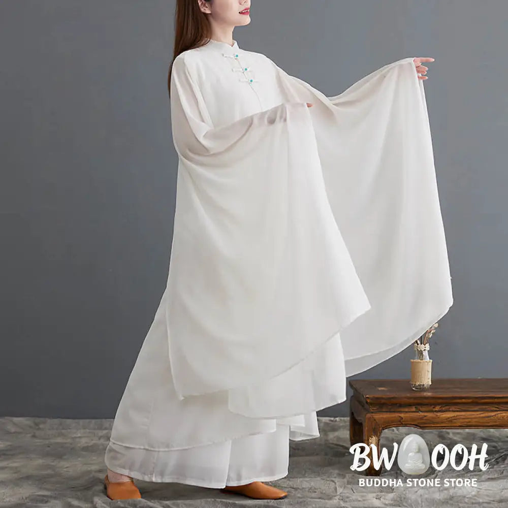 BWOOOH 2Pcs Frog-Button Long Sleeve Midi Dress Wide Leg Pants Chiffon Zen Women’s Set - Women’s Meditation Cloth