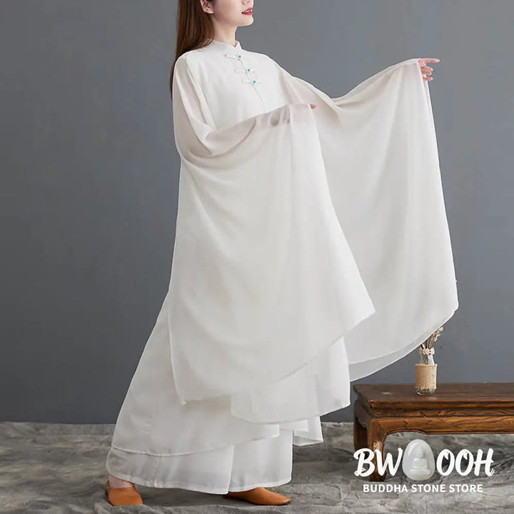 BWOOOH 2Pcs Frog-Button Long Sleeve Midi Dress Wide Leg Pants Chiffon Zen Women’s Set - Women’s Meditation Cloth