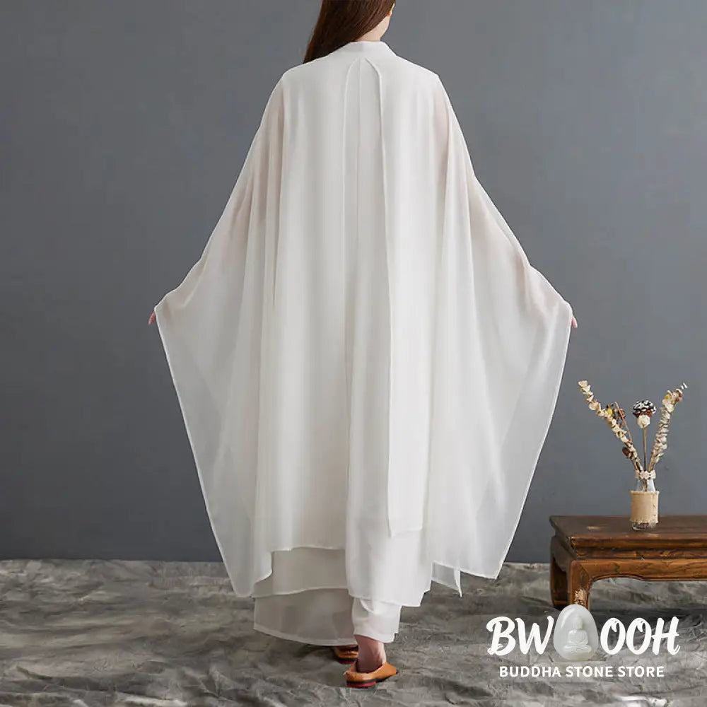 BWOOOH 2Pcs Frog-Button Long Sleeve Midi Dress Wide Leg Pants Chiffon Zen Women’s Set - Women’s Meditation Cloth