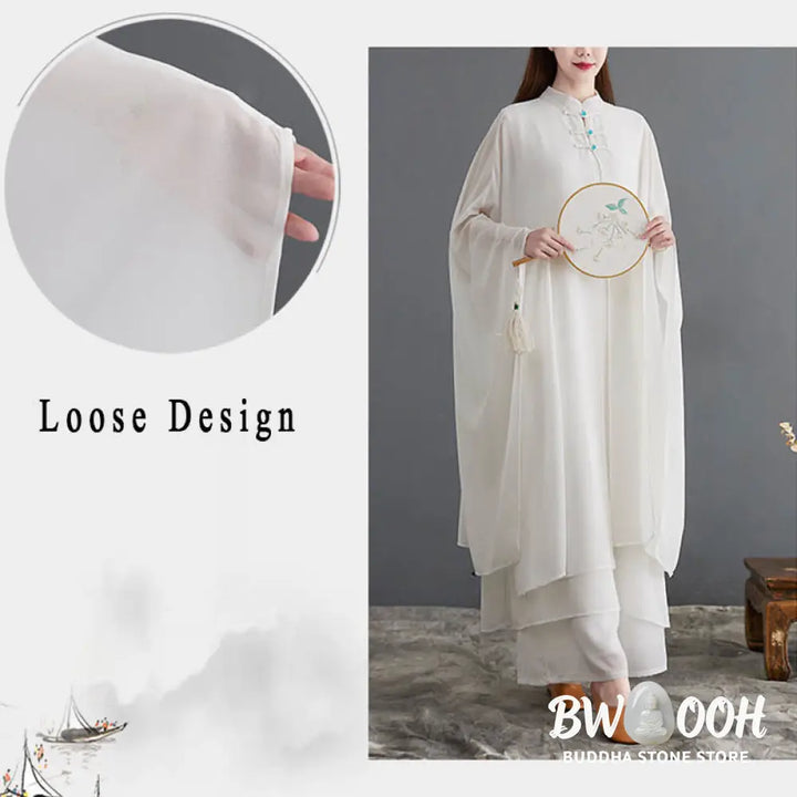 BWOOOH 2Pcs Frog-Button Long Sleeve Midi Dress Wide Leg Pants Chiffon Zen Women’s Set - Women’s Meditation Cloth