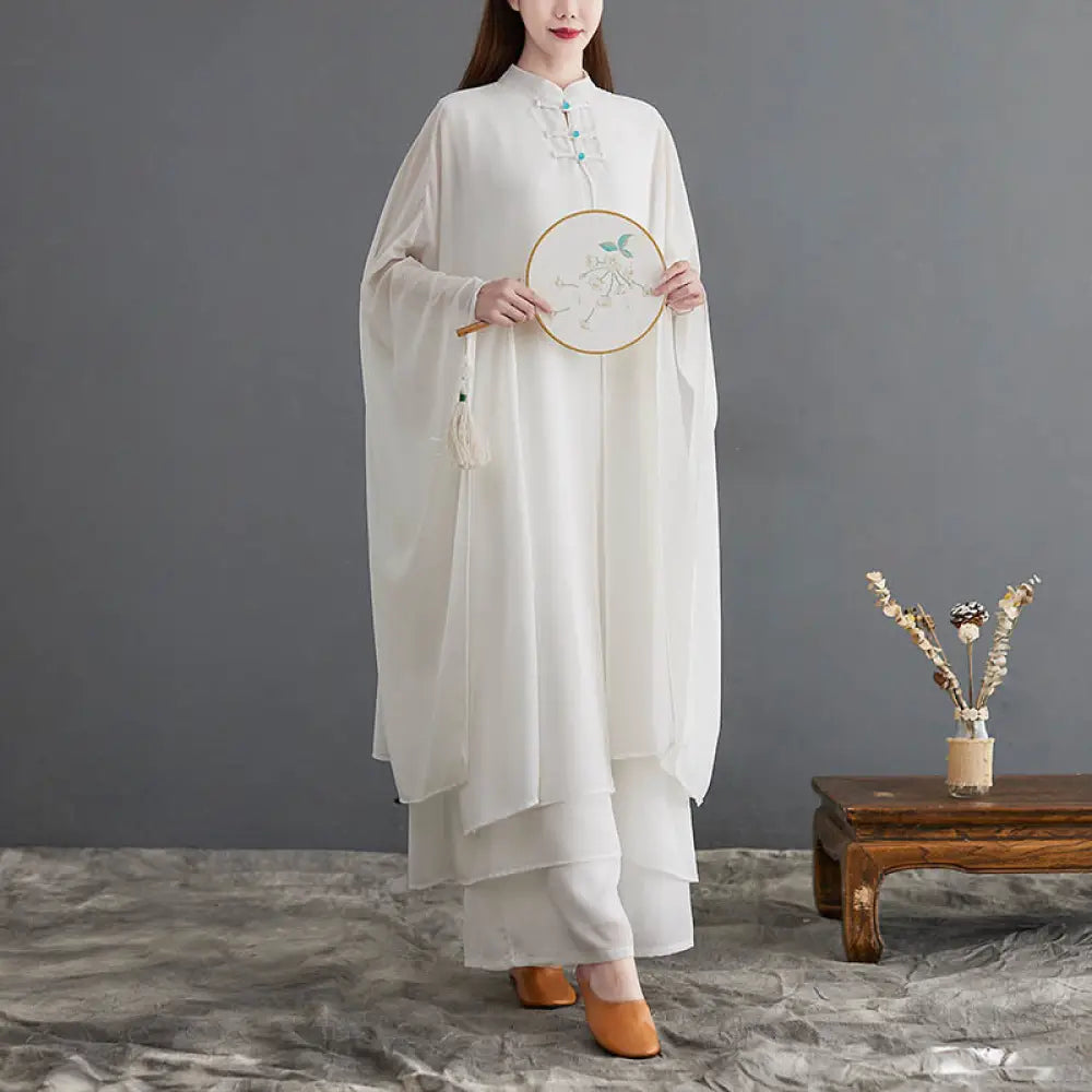 BWOOOH 2Pcs Frog-Button Long Sleeve Midi Dress Wide Leg Pants Chiffon Zen Women’s Set - US4，UK/AU8，EU36 (M) - Women’s