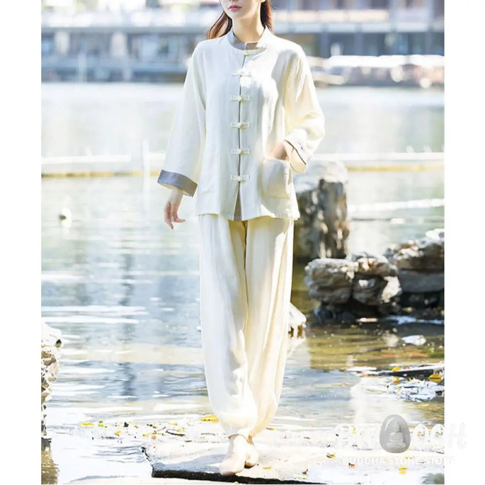 BWOOOH 2Pcs Frog-Button Long Sleeve Shirt Top Pants Meditation Zen Tai Chi Cotton Linen Clothing Women’s Set - Women’s
