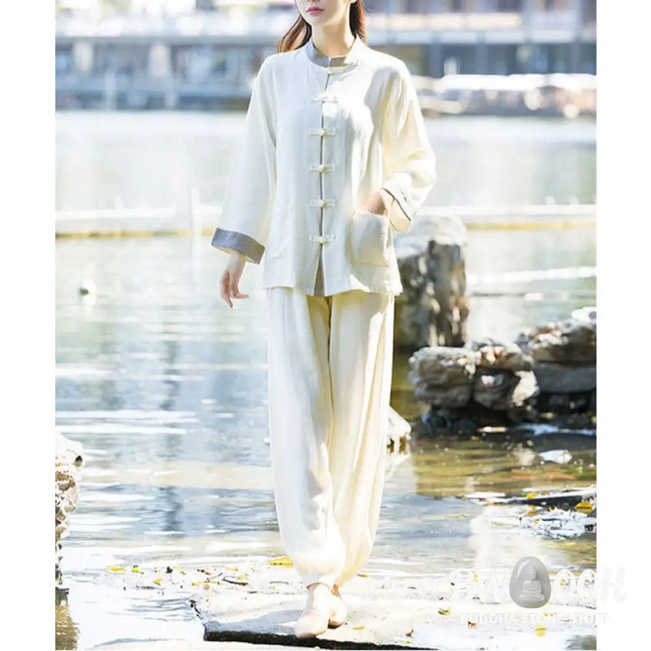 BWOOOH 2Pcs Frog-Button Long Sleeve Shirt Top Pants Meditation Zen Tai Chi Cotton Linen Clothing Women’s Set - Women’s