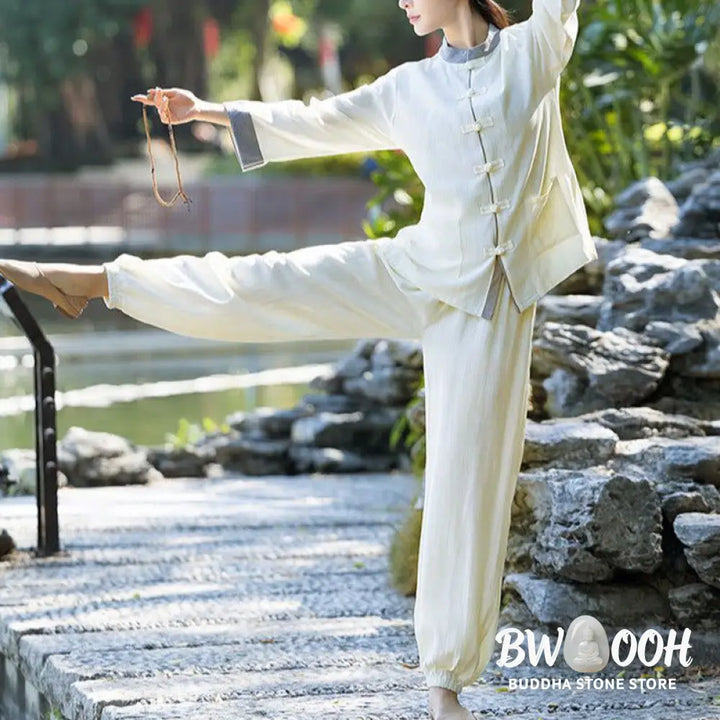 BWOOOH 2Pcs Frog-Button Long Sleeve Shirt Top Pants Meditation Zen Tai Chi Cotton Linen Clothing Women’s Set - Women’s