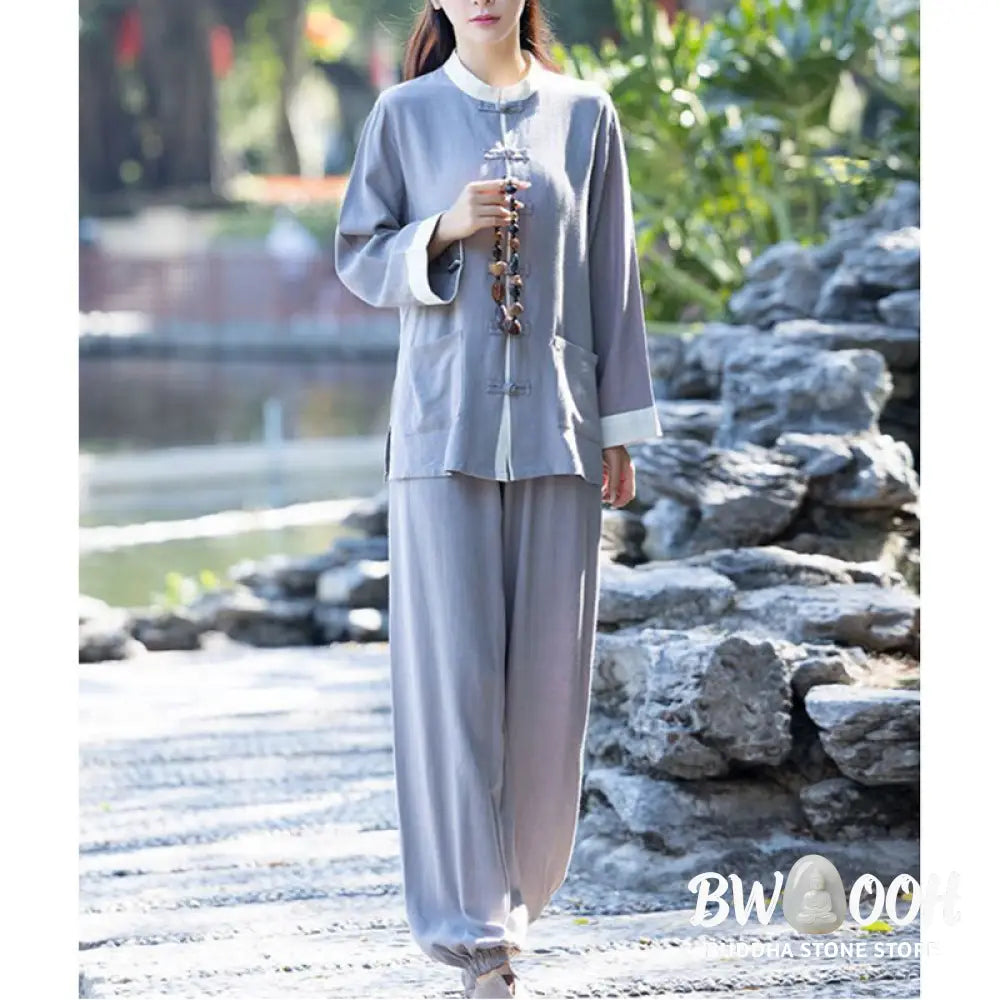 BWOOOH 2Pcs Frog-Button Long Sleeve Shirt Top Pants Meditation Zen Tai Chi Cotton Linen Clothing Women’s Set - Women’s