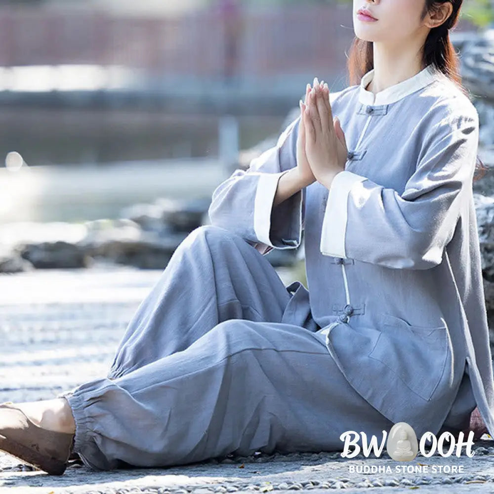 BWOOOH 2Pcs Frog-Button Long Sleeve Shirt Top Pants Meditation Zen Tai Chi Cotton Linen Clothing Women’s Set - Women’s
