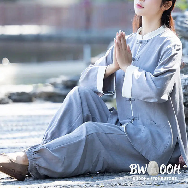 BWOOOH 2Pcs Frog-Button Long Sleeve Shirt Top Pants Meditation Zen Tai Chi Cotton Linen Clothing Women’s Set - Women’s
