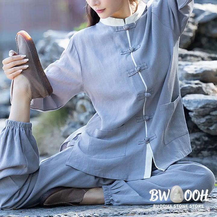 BWOOOH 2Pcs Frog-Button Long Sleeve Shirt Top Pants Meditation Zen Tai Chi Cotton Linen Clothing Women’s Set - Women’s