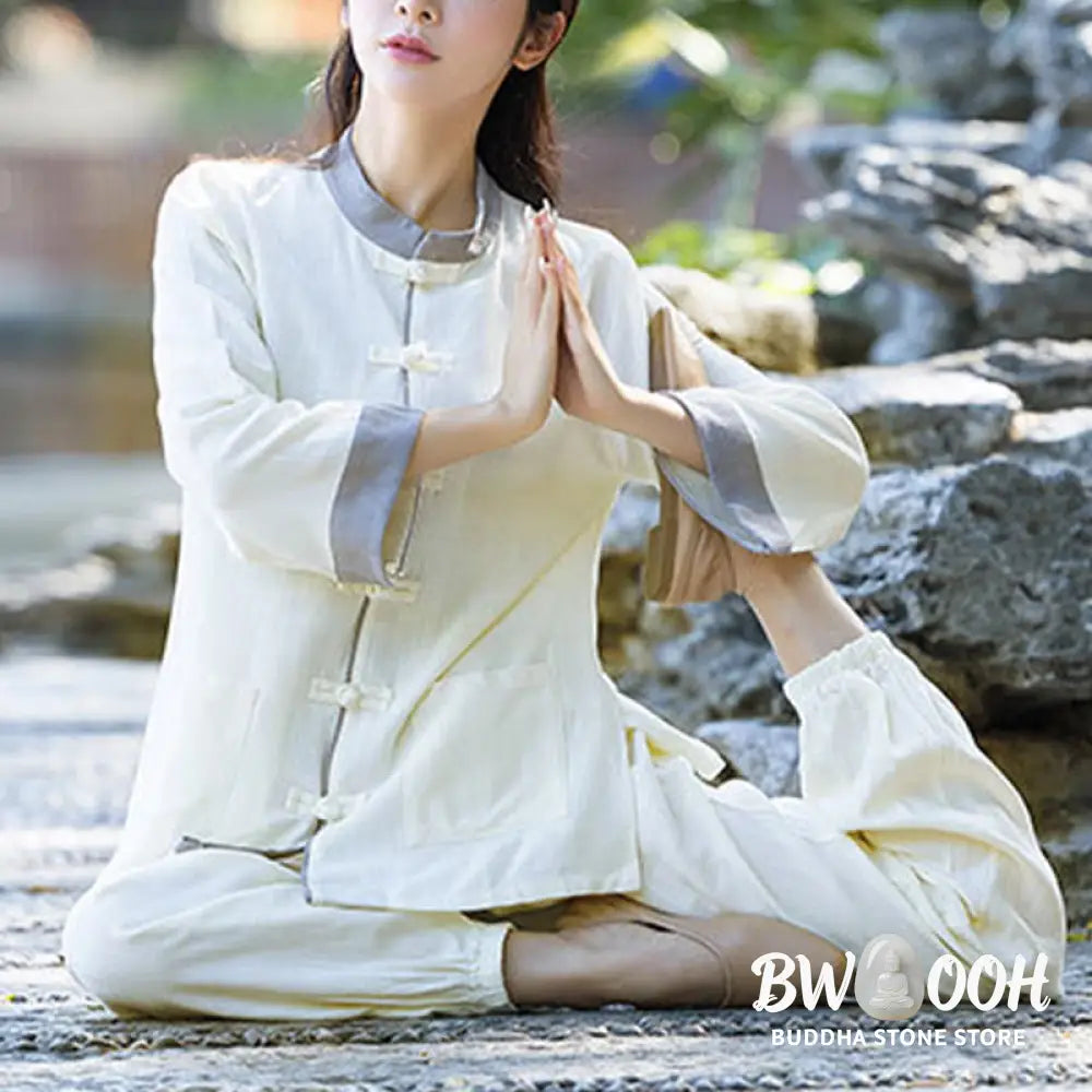 BWOOOH 2Pcs Frog-Button Long Sleeve Shirt Top Pants Meditation Zen Tai Chi Cotton Linen Clothing Women’s Set - Women’s