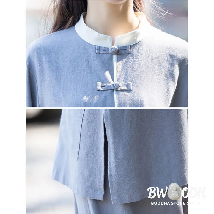 BWOOOH 2Pcs Frog-Button Long Sleeve Shirt Top Pants Meditation Zen Tai Chi Cotton Linen Clothing Women’s Set - Women’s