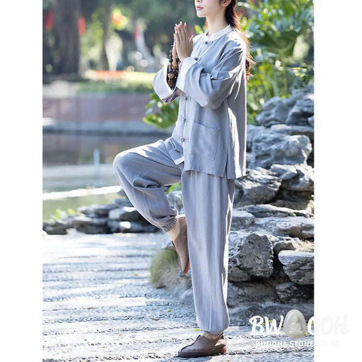 BWOOOH 2Pcs Frog-Button Long Sleeve Shirt Top Pants Meditation Zen Tai Chi Cotton Linen Clothing Women’s Set - Women’s