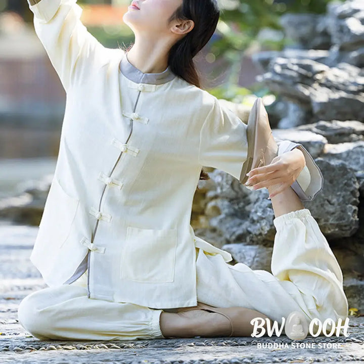 BWOOOH 2Pcs Frog-Button Long Sleeve Shirt Top Pants Meditation Zen Tai Chi Cotton Linen Clothing Women’s Set - Women’s