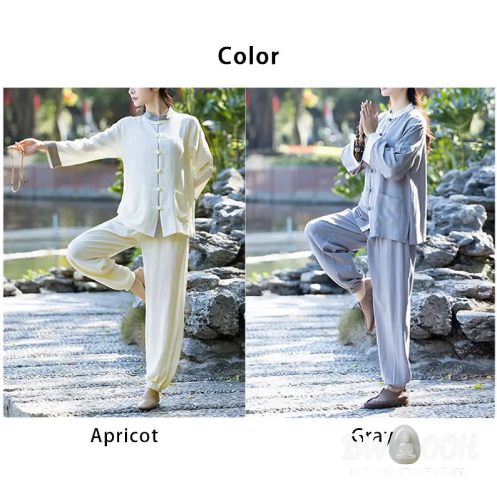 BWOOOH 2Pcs Frog-Button Long Sleeve Shirt Top Pants Meditation Zen Tai Chi Cotton Linen Clothing Women’s Set - Women’s