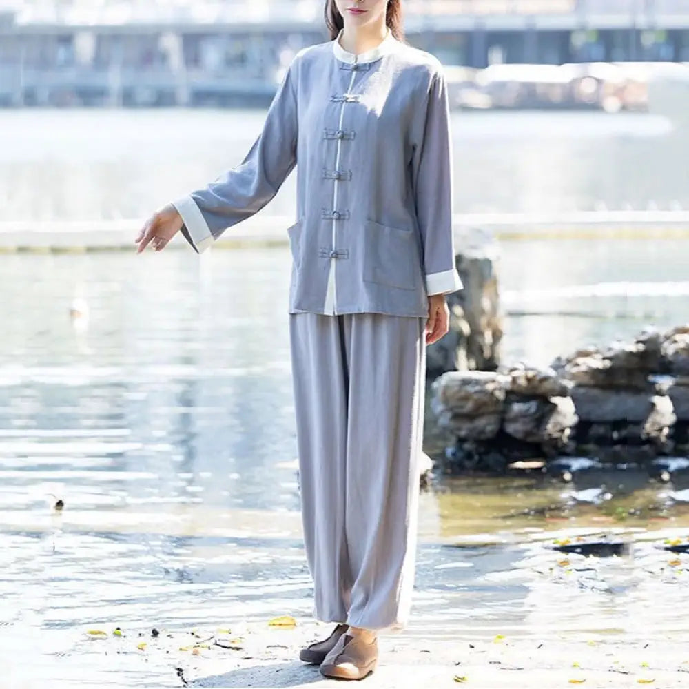 BWOOOH 2Pcs Frog-Button Long Sleeve Shirt Top Pants Meditation Zen Tai Chi Cotton Linen Clothing Women’s Set