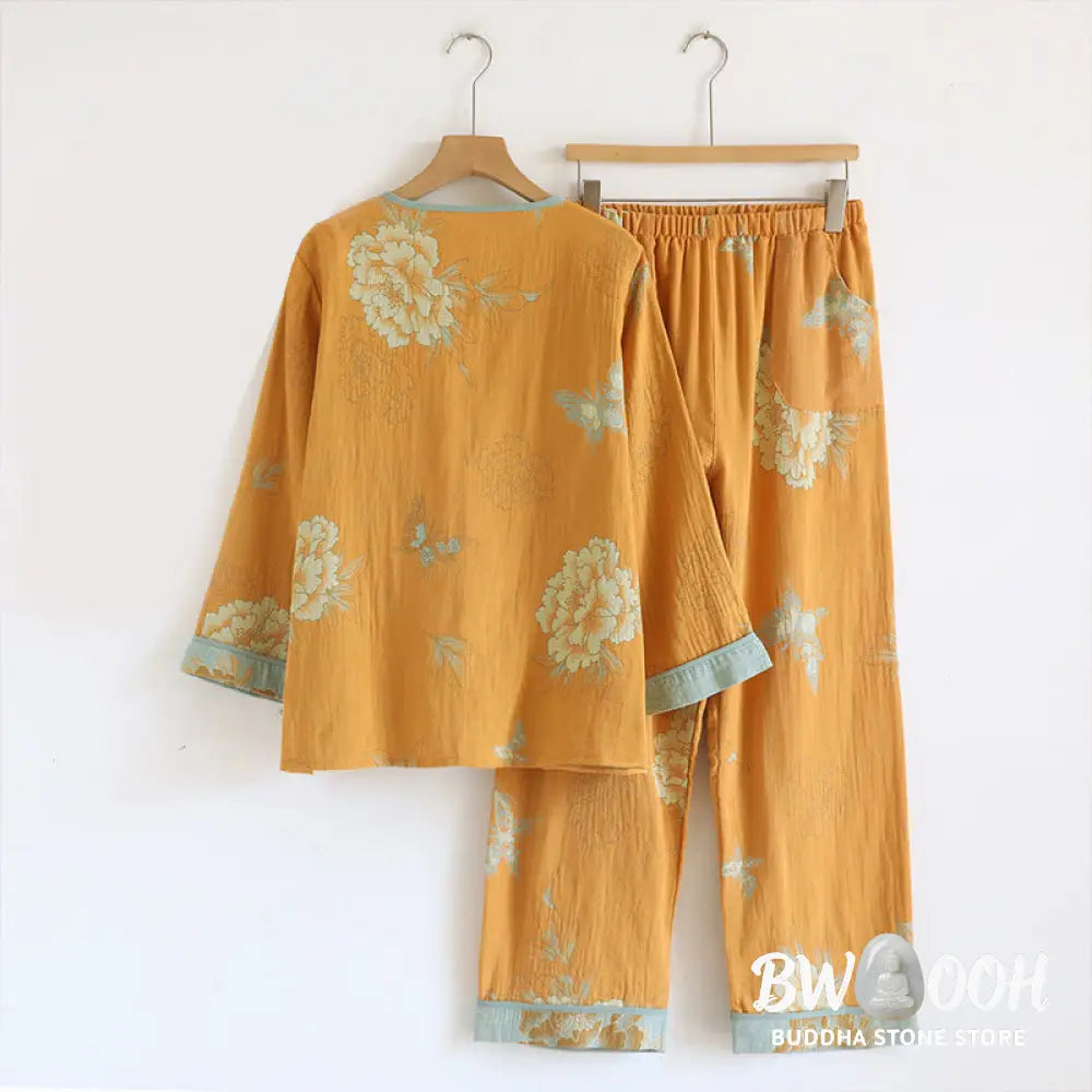 BWOOOH 2pcs Frog-Button Printed Long Sleeve Cardigan Shirt Pants With Pockets Cotton Set - 2-Piece Outfit