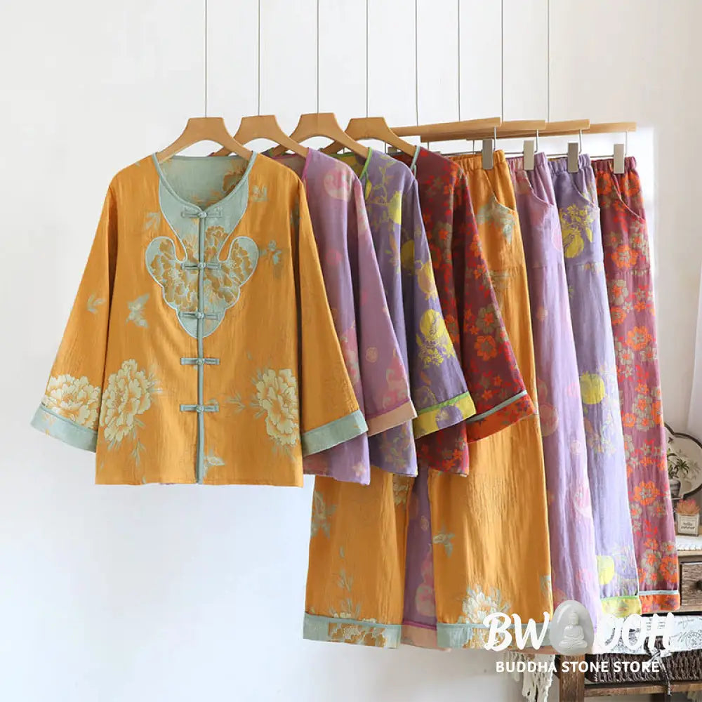 BWOOOH 2pcs Frog-Button Printed Long Sleeve Cardigan Shirt Pants With Pockets Cotton Set - 2-Piece Outfit