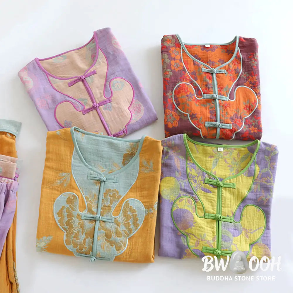 BWOOOH 2pcs Frog-Button Printed Long Sleeve Cardigan Shirt Pants With Pockets Cotton Set - 2-Piece Outfit