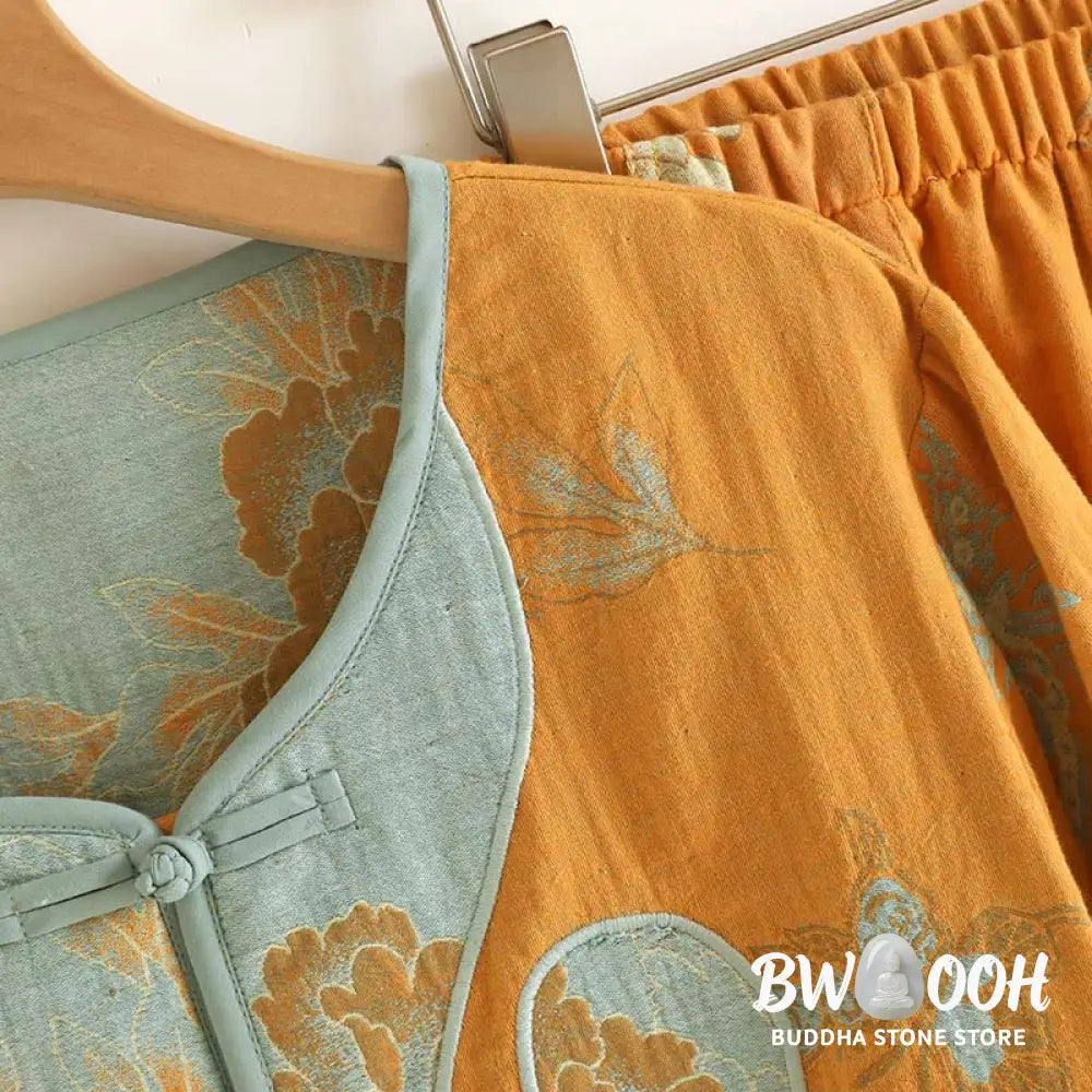 BWOOOH 2pcs Frog-Button Printed Long Sleeve Cardigan Shirt Pants With Pockets Cotton Set - 2-Piece Outfit