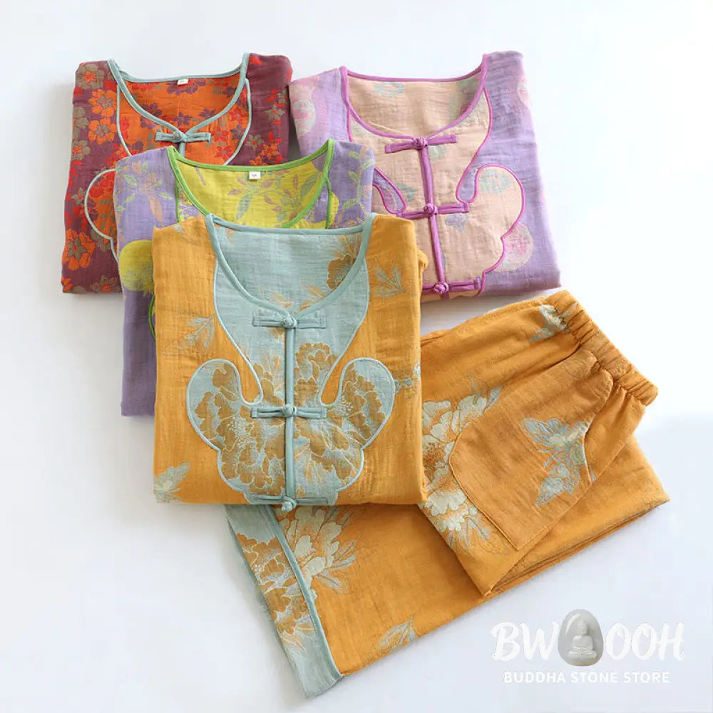 BWOOOH 2pcs Frog-Button Printed Long Sleeve Cardigan Shirt Pants With Pockets Cotton Set - 2-Piece Outfit