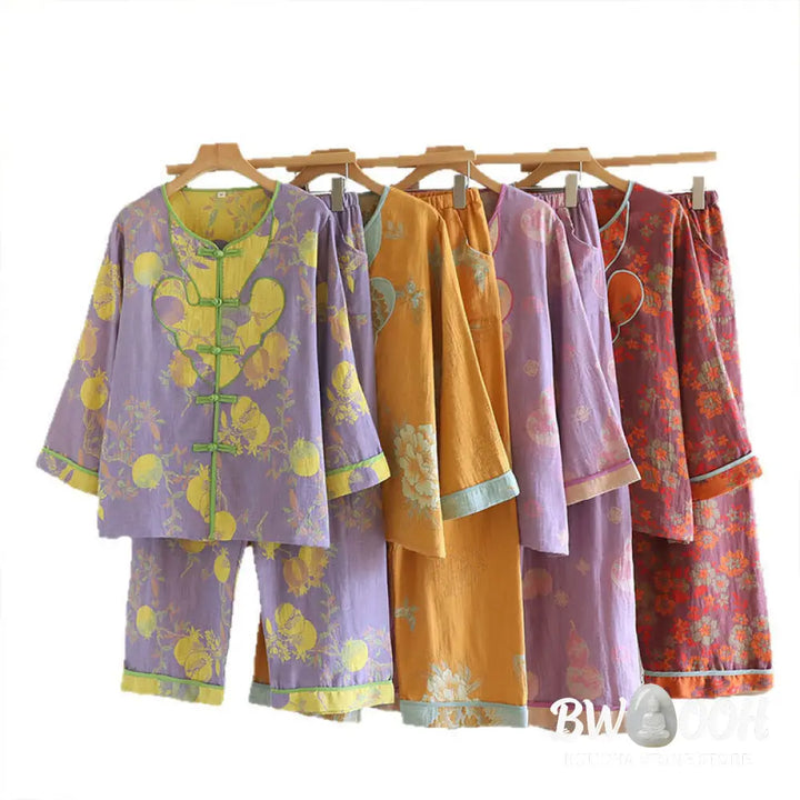BWOOOH 2pcs Frog-Button Printed Long Sleeve Cardigan Shirt Pants With Pockets Cotton Set - 2-Piece Outfit