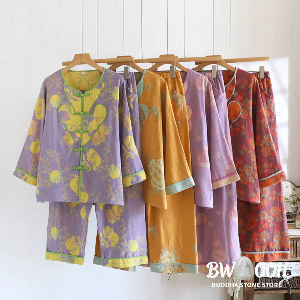 BWOOOH 2pcs Frog-Button Printed Long Sleeve Cardigan Shirt Pants With Pockets Cotton Set - 2-Piece Outfit