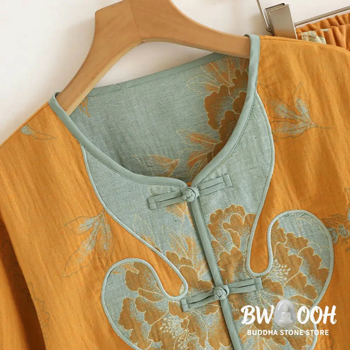 BWOOOH 2pcs Frog-Button Printed Long Sleeve Cardigan Shirt Pants With Pockets Cotton Set - 2-Piece Outfit