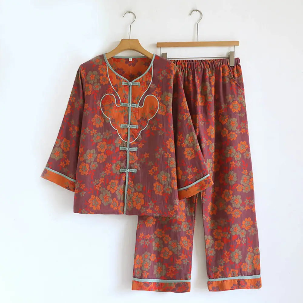 BWOOOH 2pcs Frog-Button Printed Long Sleeve Cardigan Shirt Pants With Pockets Cotton Set - FireBrick / US4，UK/AU8，EU36