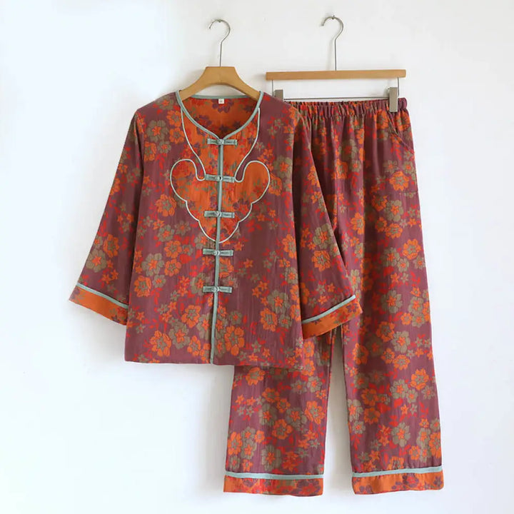 BWOOOH 2pcs Frog-Button Printed Long Sleeve Cardigan Shirt Pants With Pockets Cotton Set - FireBrick / US4，UK/AU8，EU36