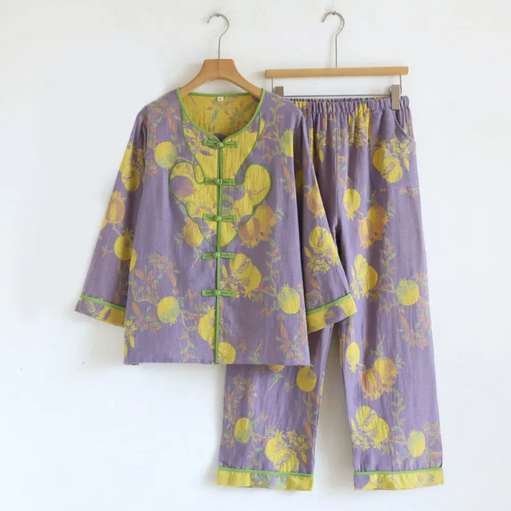 BWOOOH 2pcs Frog-Button Printed Long Sleeve Cardigan Shirt Pants With Pockets Cotton Set - MediumPurple