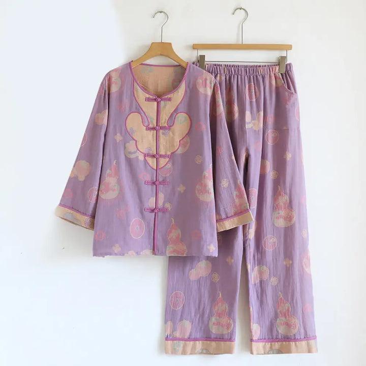 BWOOOH 2pcs Frog-Button Printed Long Sleeve Cardigan Shirt Pants With Pockets Cotton Set - Orchid / US4，UK/AU8，EU36 (M)
