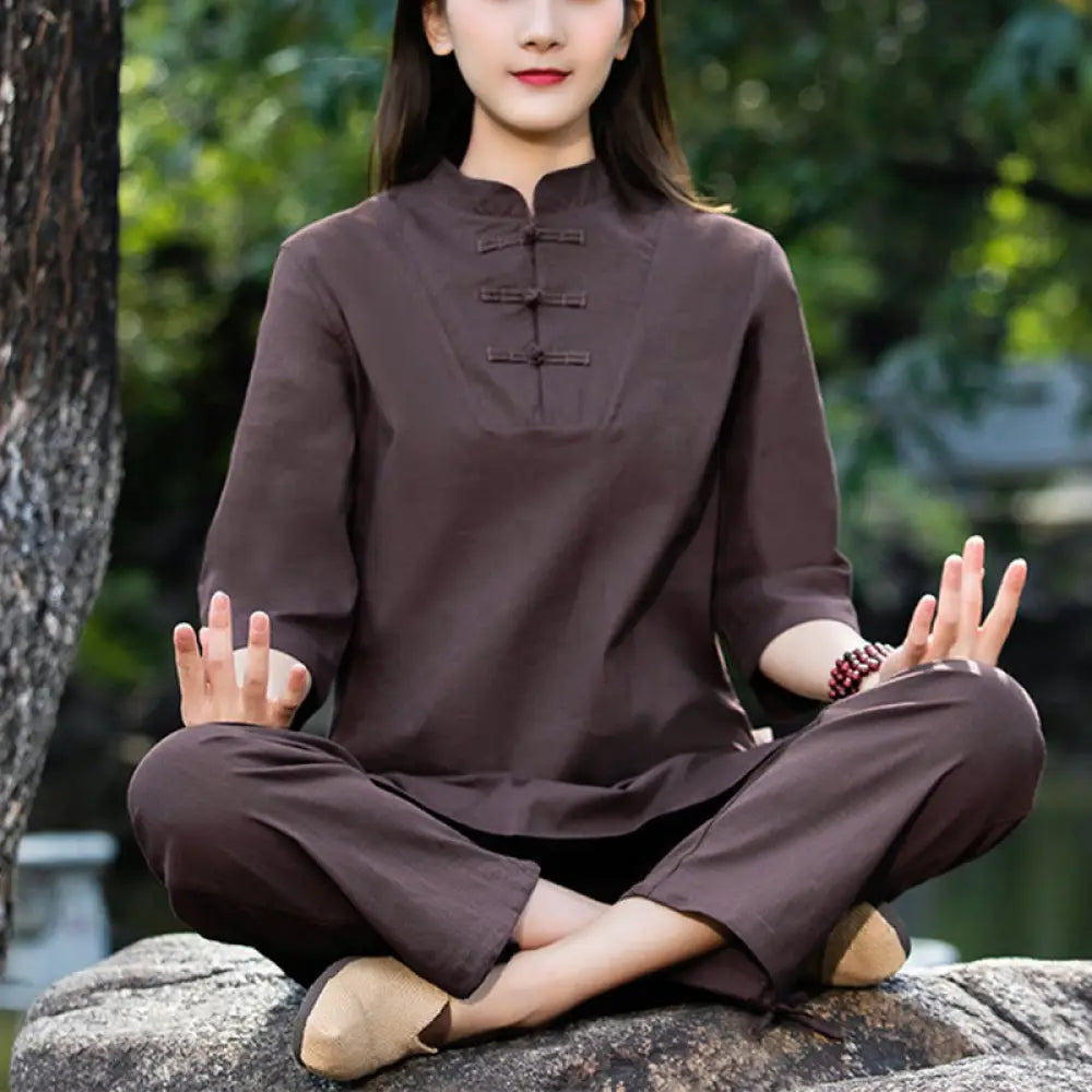 BWOOOH 2Pcs Half Sleeve Shirt Top Pants Meditation Zen Tai Chi Cotton Linen Clothing Women’s Set - Brown(Top&amp;Pants)