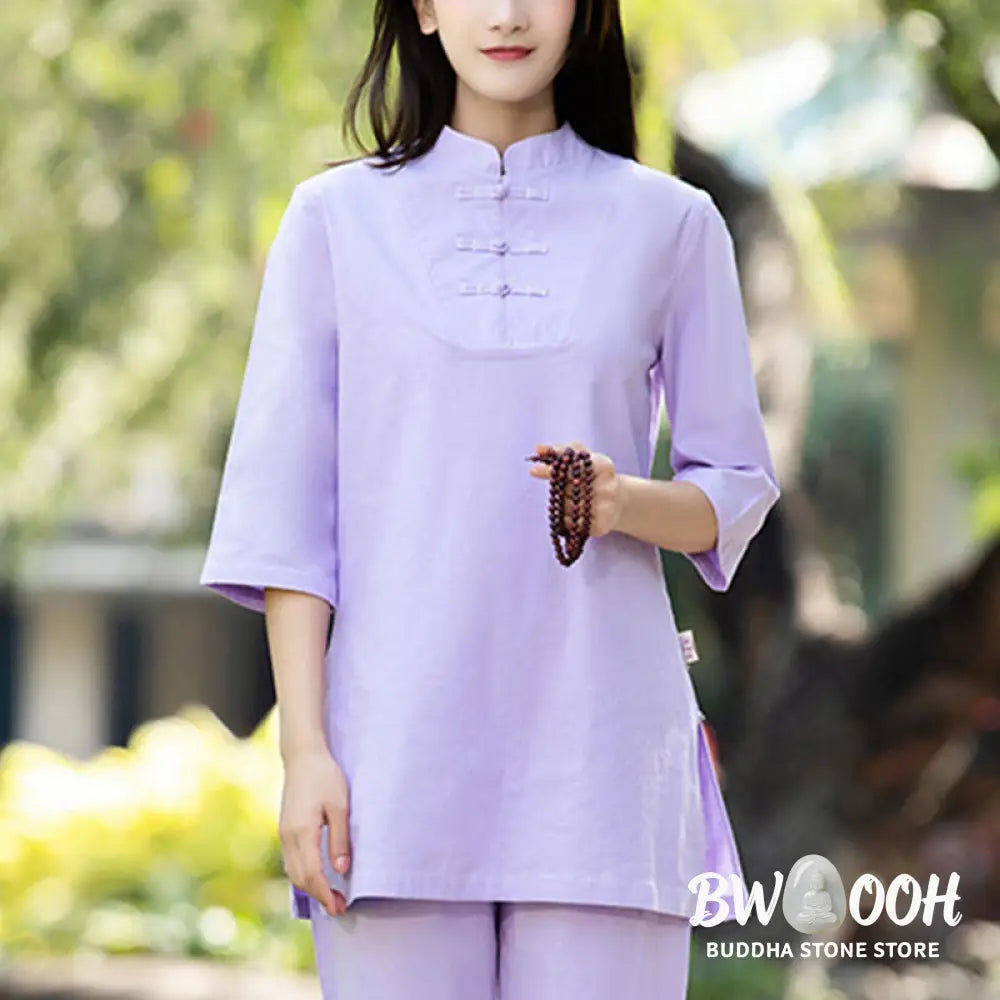 BWOOOH 2Pcs Half Sleeve Shirt Top Pants Meditation Zen Tai Chi Cotton Linen Clothing Women’s Set - Women’s Meditation