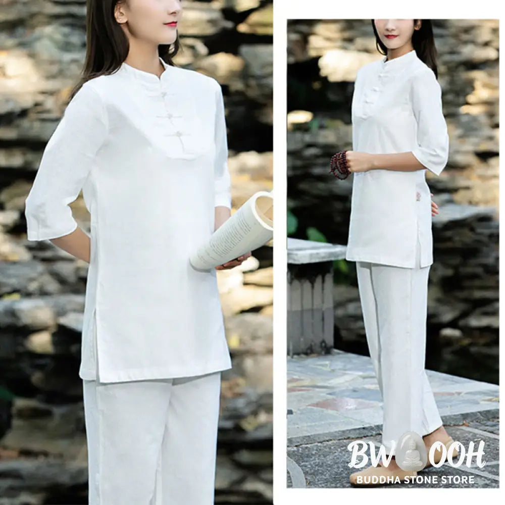 BWOOOH 2Pcs Half Sleeve Shirt Top Pants Meditation Zen Tai Chi Cotton Linen Clothing Women’s Set - Women’s Meditation