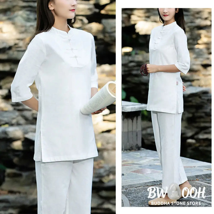 BWOOOH 2Pcs Half Sleeve Shirt Top Pants Meditation Zen Tai Chi Cotton Linen Clothing Women’s Set - Women’s Meditation