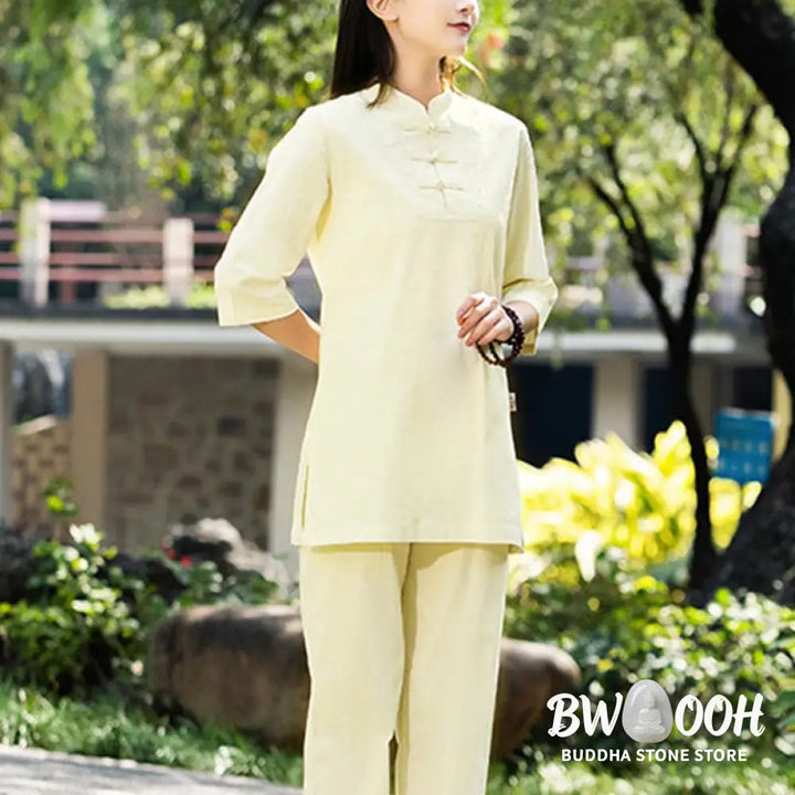BWOOOH 2Pcs Half Sleeve Shirt Top Pants Meditation Zen Tai Chi Cotton Linen Clothing Women’s Set - Women’s Meditation