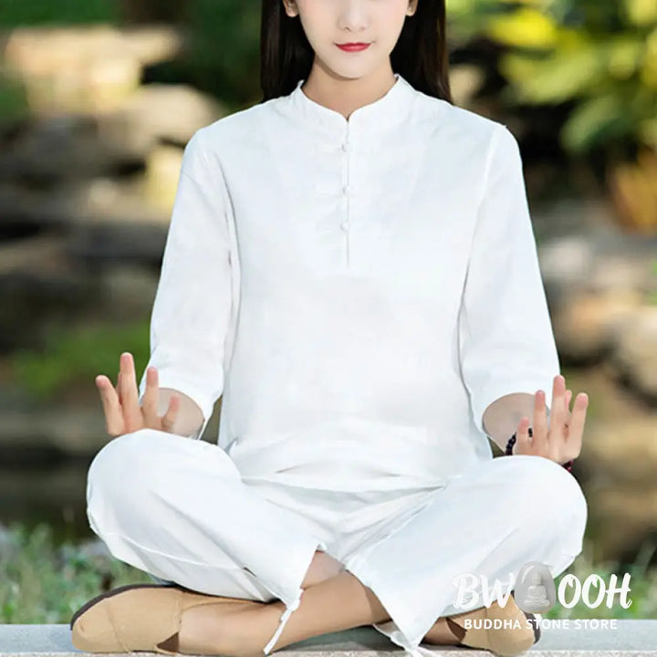 BWOOOH 2Pcs Half Sleeve Shirt Top Pants Meditation Zen Tai Chi Cotton Linen Clothing Women’s Set - Women’s Meditation