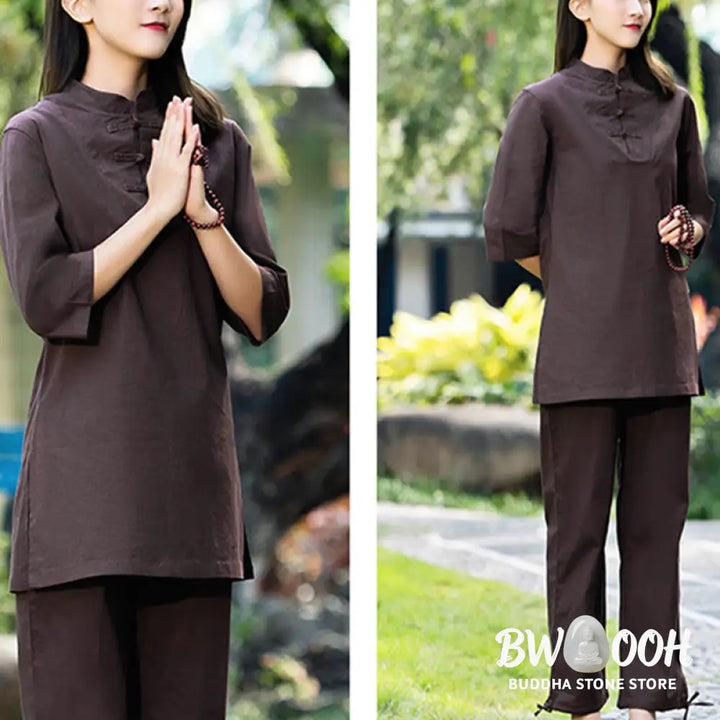 BWOOOH 2Pcs Half Sleeve Shirt Top Pants Meditation Zen Tai Chi Cotton Linen Clothing Women’s Set - Women’s Meditation