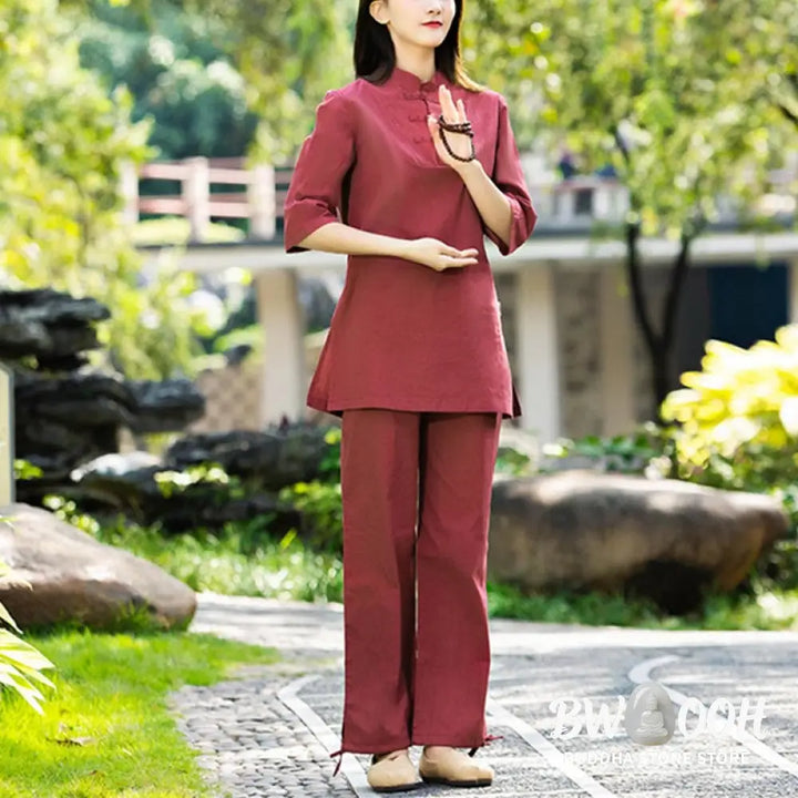 BWOOOH 2Pcs Half Sleeve Shirt Top Pants Meditation Zen Tai Chi Cotton Linen Clothing Women’s Set - Women’s Meditation