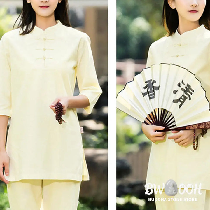BWOOOH 2Pcs Half Sleeve Shirt Top Pants Meditation Zen Tai Chi Cotton Linen Clothing Women’s Set - Women’s Meditation