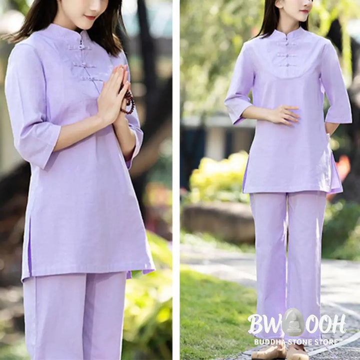 BWOOOH 2Pcs Half Sleeve Shirt Top Pants Meditation Zen Tai Chi Cotton Linen Clothing Women’s Set - Women’s Meditation