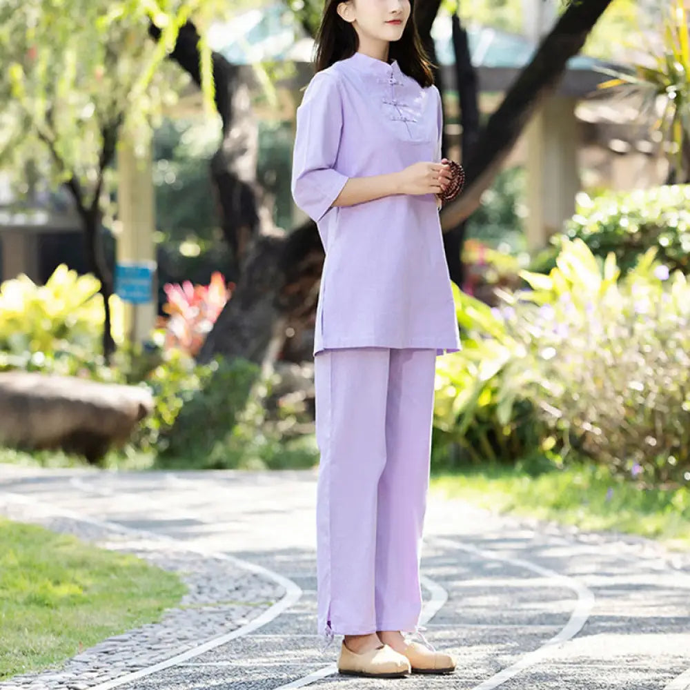 BWOOOH 2Pcs Half Sleeve Shirt Top Pants Meditation Zen Tai Chi Cotton Linen Clothing Women’s Set - Purple(Top&amp;Pants)