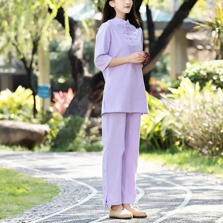 BWOOOH 2Pcs Half Sleeve Shirt Top Pants Meditation Zen Tai Chi Cotton Linen Clothing Women’s Set - Purple(Top&amp;Pants)