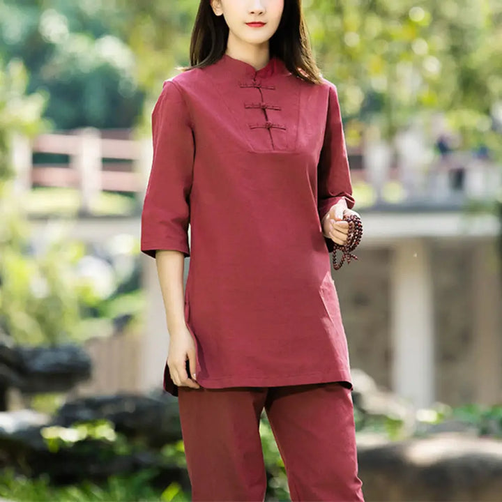 BWOOOH 2Pcs Half Sleeve Shirt Top Pants Meditation Zen Tai Chi Cotton Linen Clothing Women’s Set - Red(Top&amp;Pants)