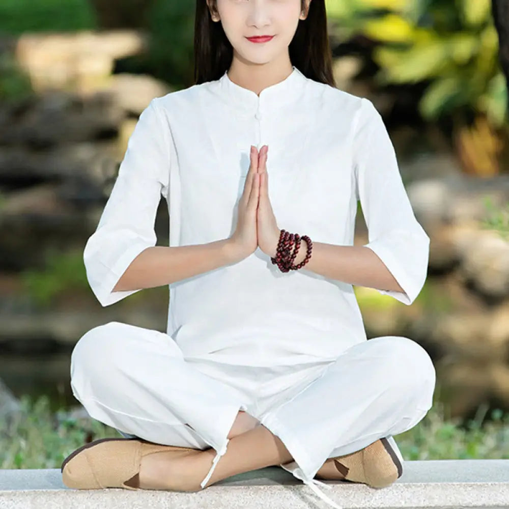 BWOOOH 2Pcs Half Sleeve Shirt Top Pants Meditation Zen Tai Chi Cotton Linen Clothing Women’s Set - White(Top&amp;Pants)
