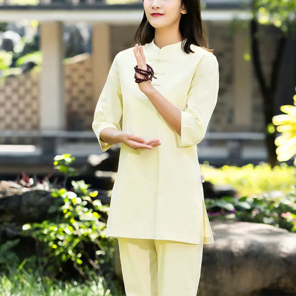 BWOOOH 2Pcs Half Sleeve Shirt Top Pants Meditation Zen Tai Chi Cotton Linen Clothing Women’s Set - Yellow(Top&amp;Pants)