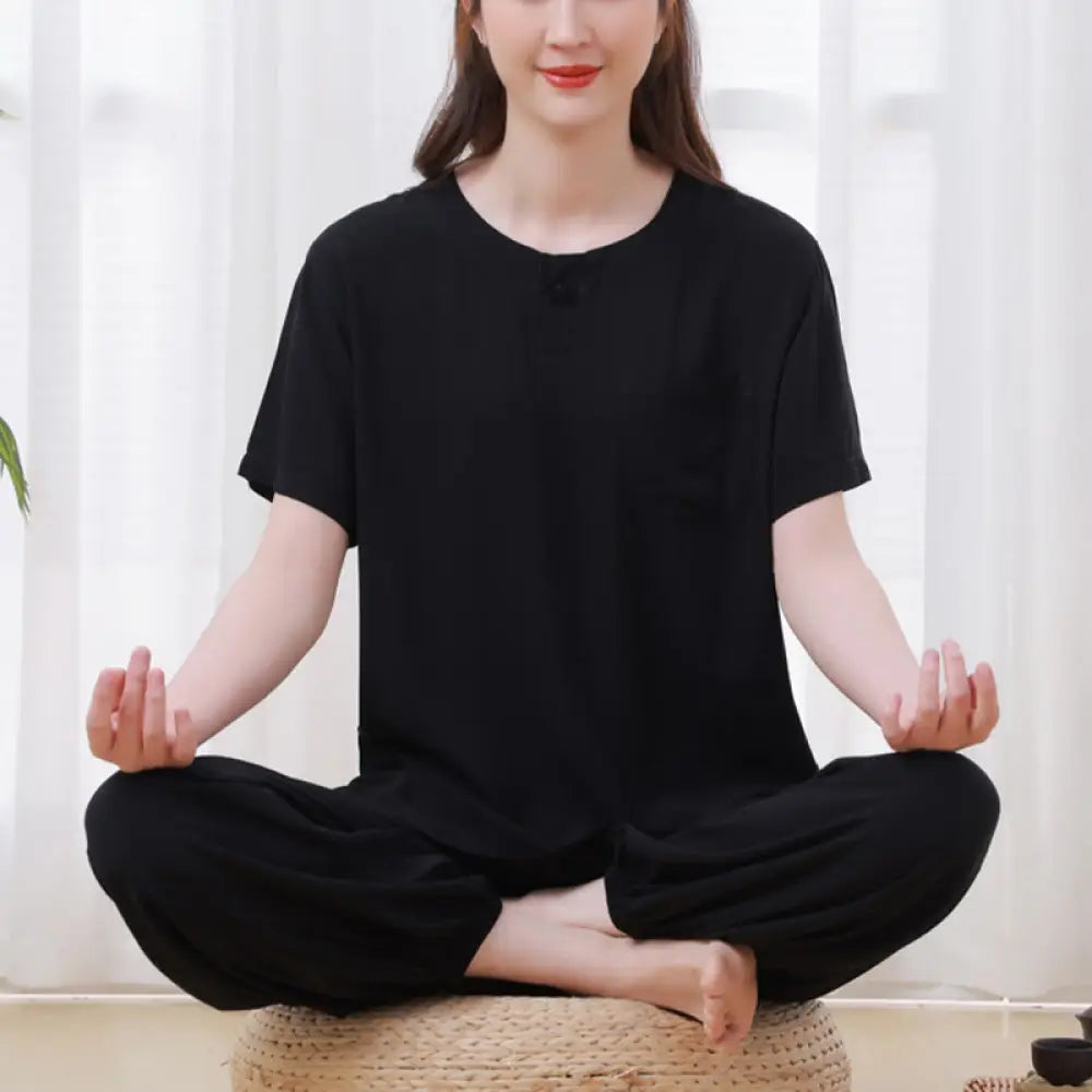 BWOOOH 2Pcs Half Sleeve T-Shirt Pants Meditation Zen Tai Chi Cotton Linen Clothing Unisex Set - Black(Top&amp;Pants)