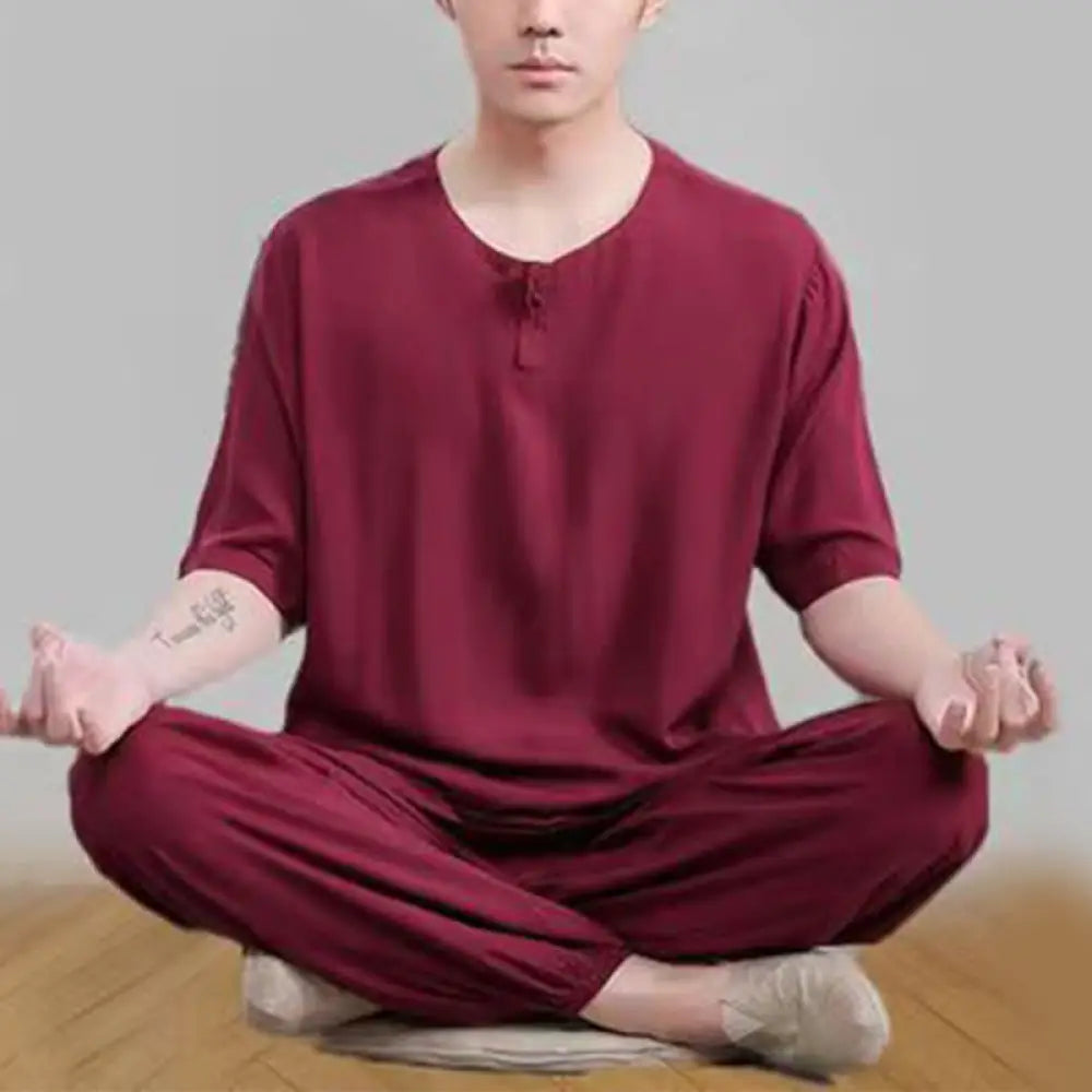 BWOOOH 2Pcs Half Sleeve T-Shirt Pants Meditation Zen Tai Chi Cotton Linen Clothing Unisex Set - Dark Red(Top&amp;Pants)