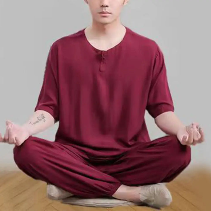 BWOOOH 2Pcs Half Sleeve T-Shirt Pants Meditation Zen Tai Chi Cotton Linen Clothing Unisex Set - Dark Red(Top&amp;Pants)